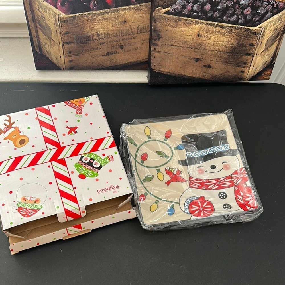 Temptations by Tara square cheese plate with a snowman and cardinal design